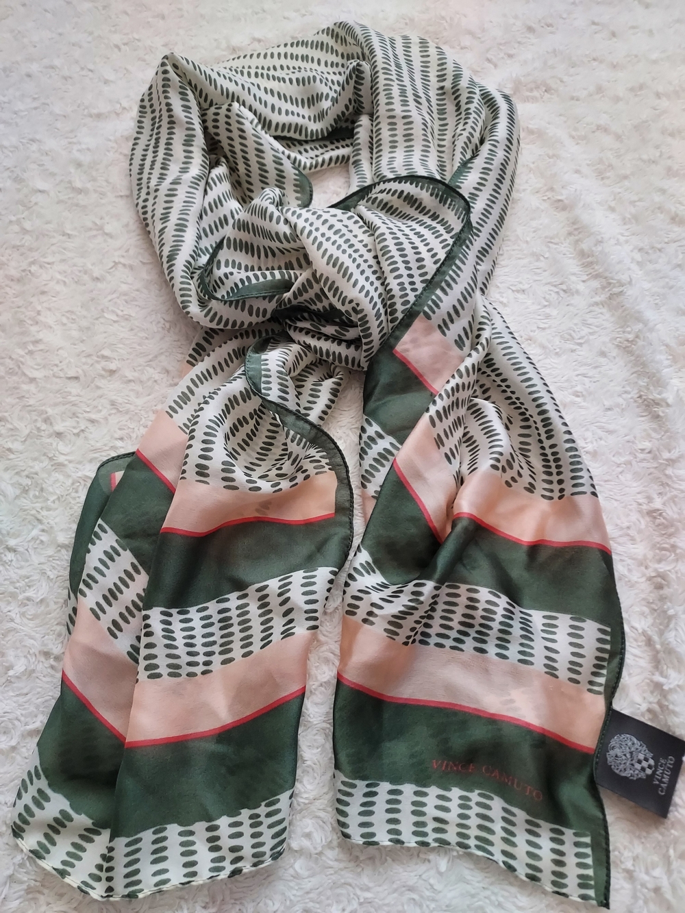 Vince Camuto Cream, Green and Pink Dot Patterned Accent Scarf 70" Fall Chic